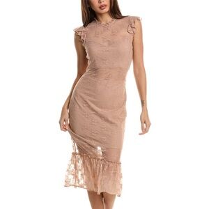 Bebe Illusion Sheer Nude Lace Overlay Midi Dress Flutter Sleeve Flounce Hem Sz S
